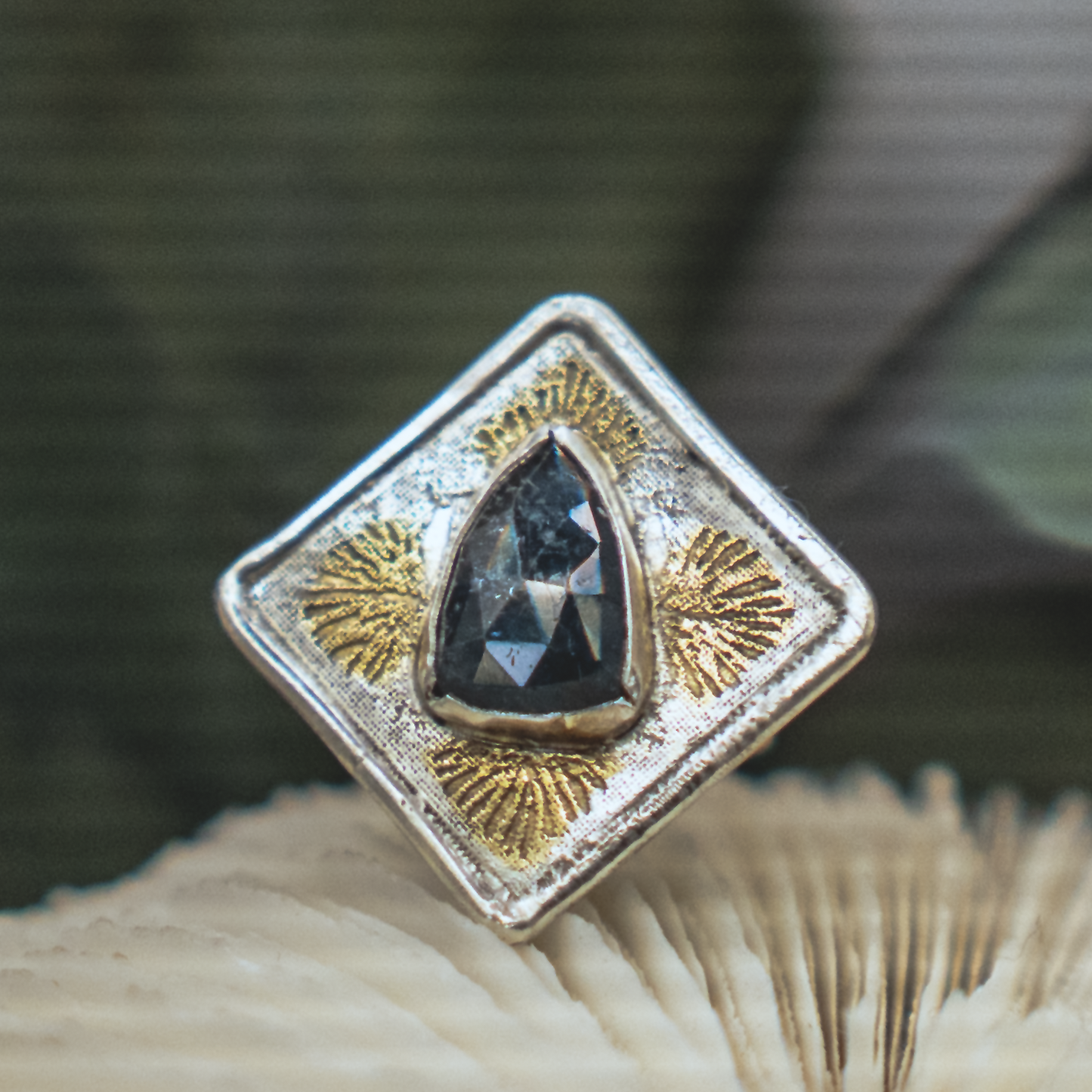 Anenome Bloom Ring I - Kyanite, Silver, and Gold Modern Nouveau Ring