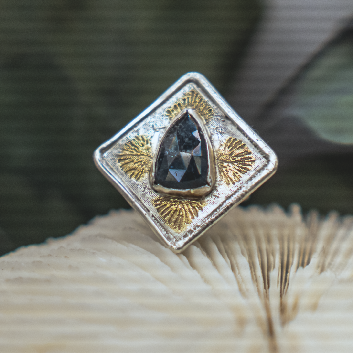 Anenome Bloom Ring I - Kyanite, Silver, and Gold Modern Nouveau Ring