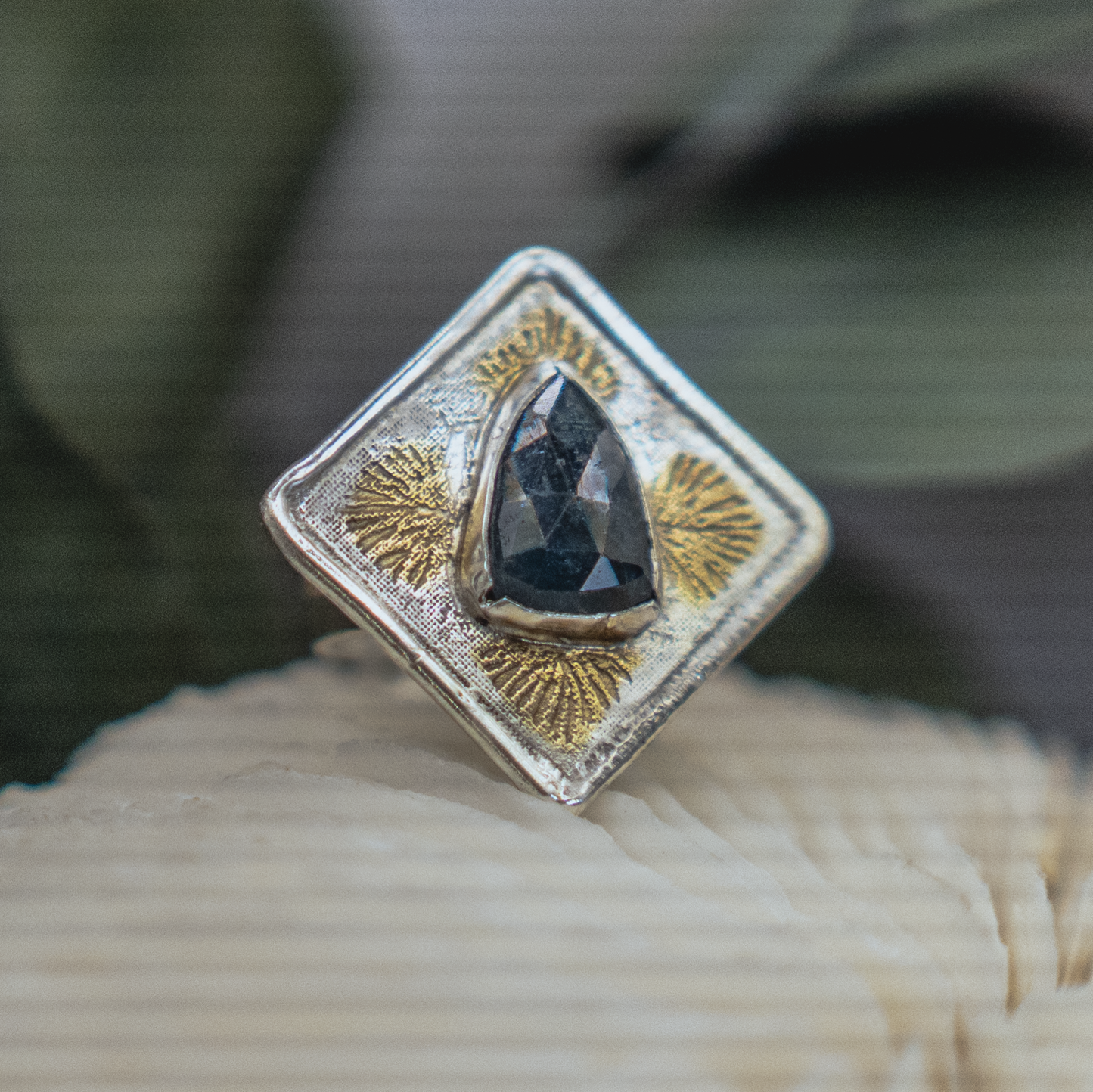 Anenome Bloom Ring I - Kyanite, Silver, and Gold Modern Nouveau Ring