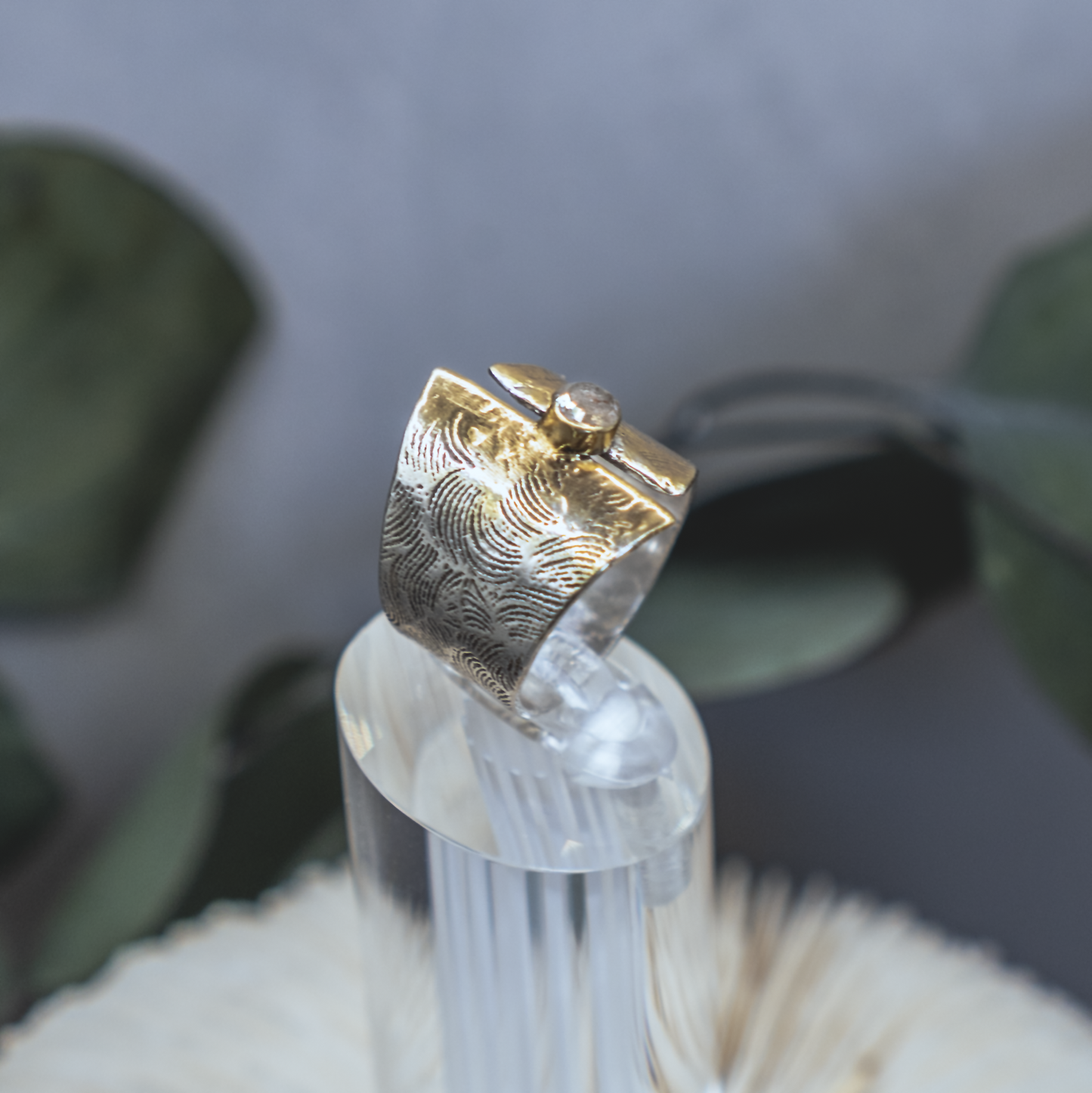Gold Ombre Ring II - Rustic Diamond and 24K Brush Painted Sterling Silver
