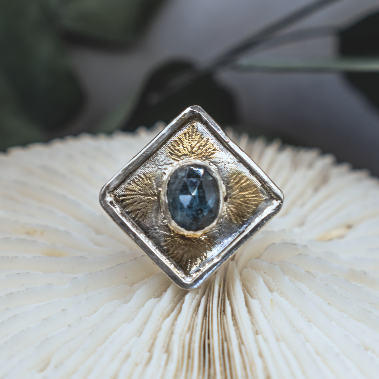 Anenome Bloom Ring II - Kyanite, Silver, and Gold Modern Nouveau Ring