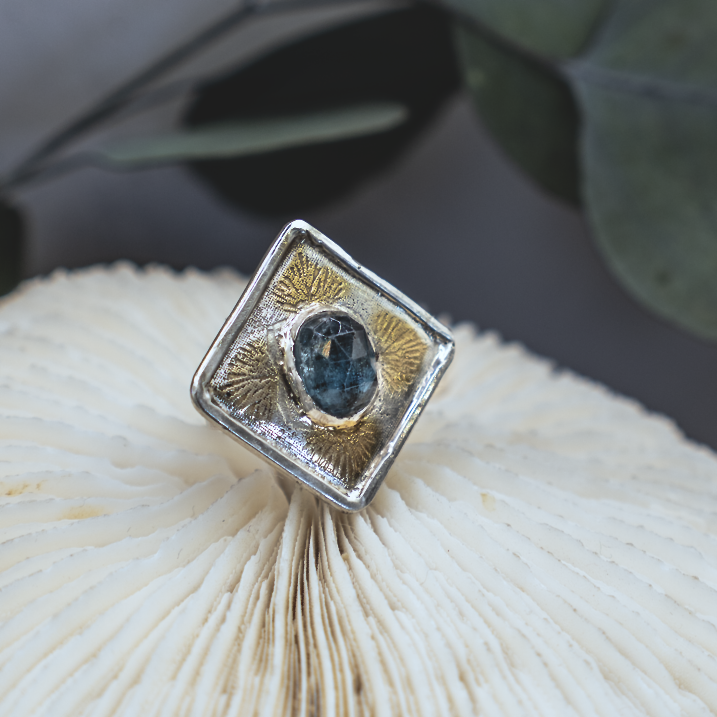 Anenome Bloom Ring II - Kyanite, Silver, and Gold Modern Nouveau Ring