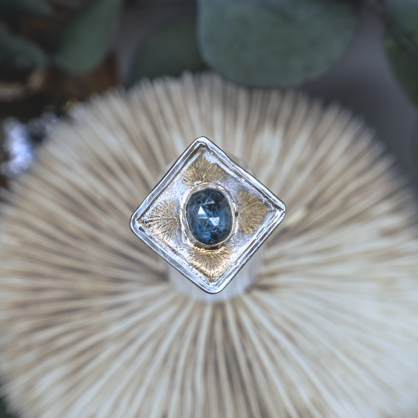 Anenome Bloom Ring II - Kyanite, Silver, and Gold Modern Nouveau Ring