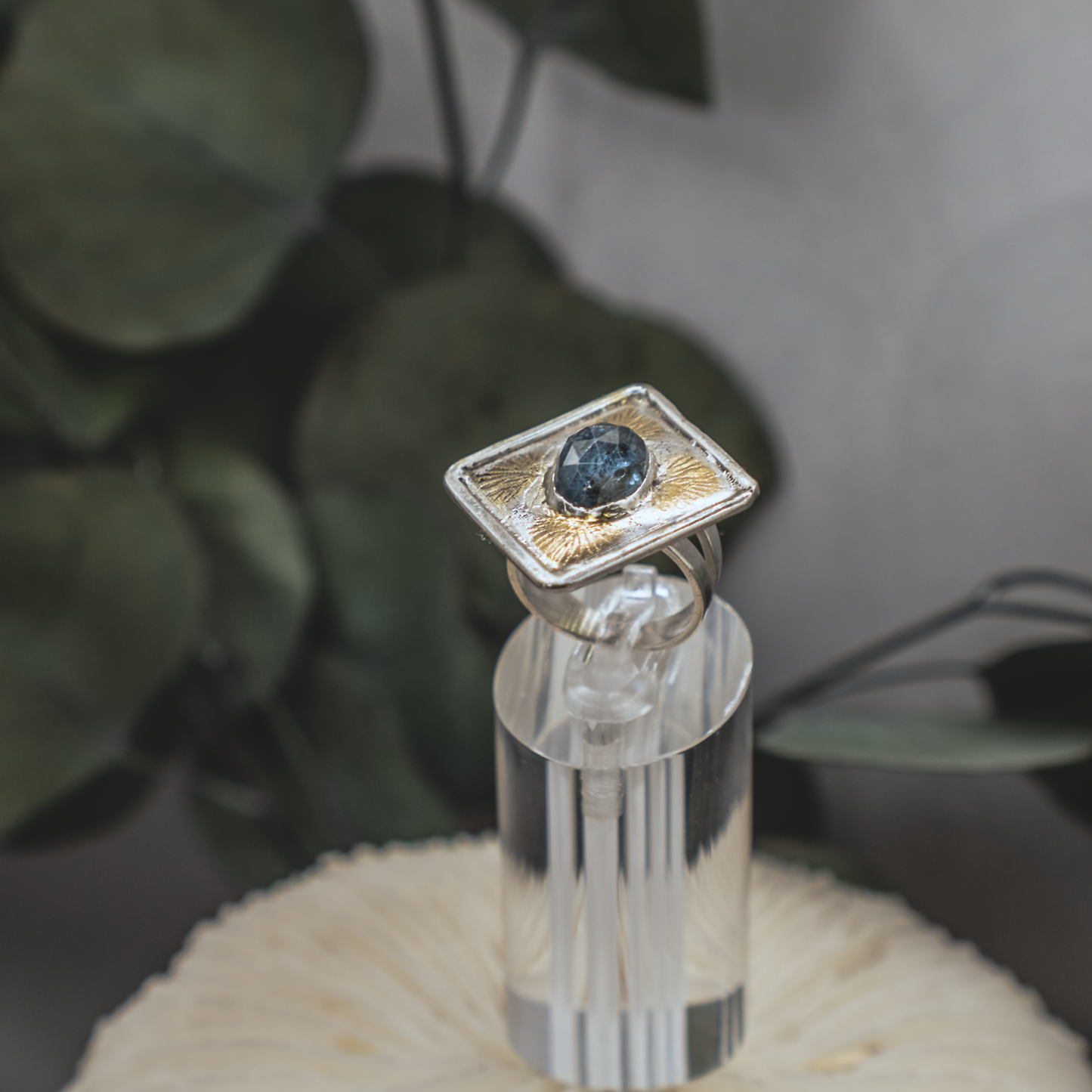 Anenome Bloom Ring II - Kyanite, Silver, and Gold Modern Nouveau Ring