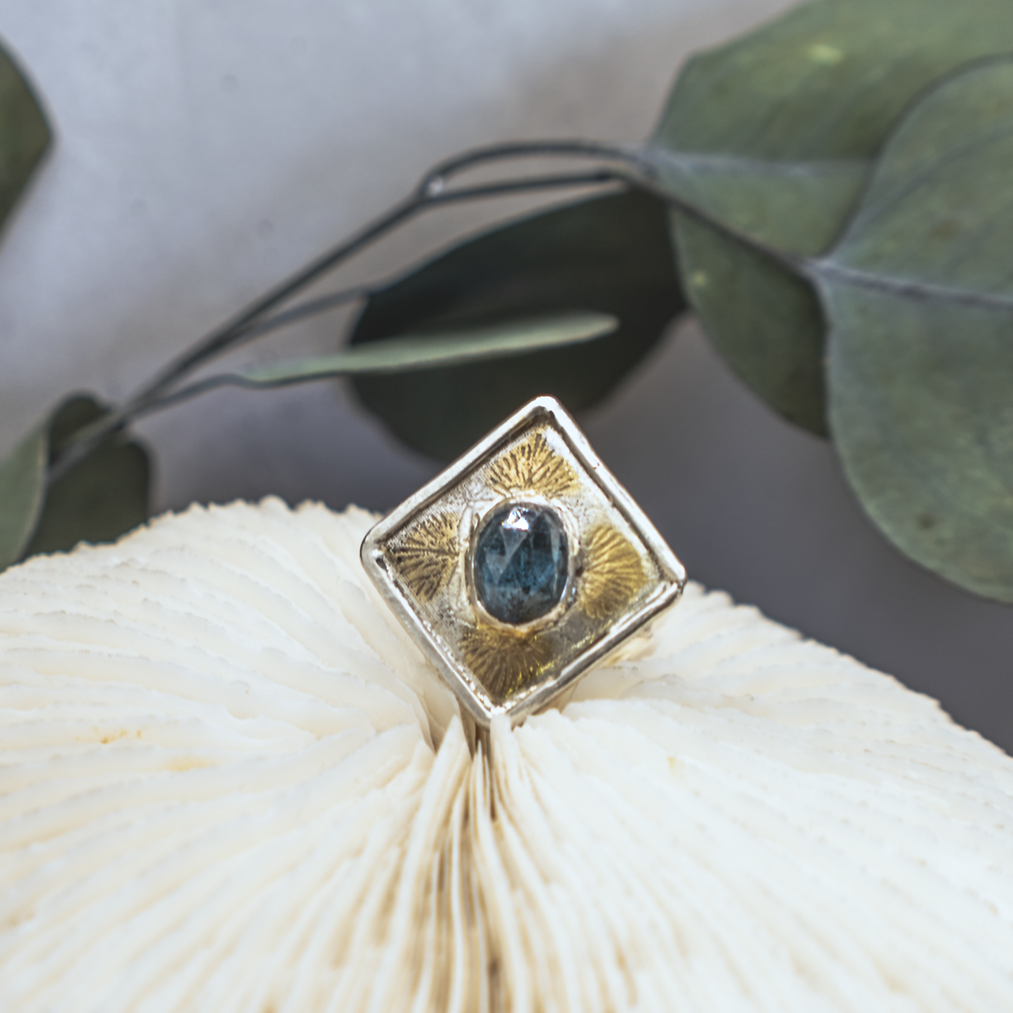 Anenome Bloom Ring II - Kyanite, Silver, and Gold Modern Nouveau Ring