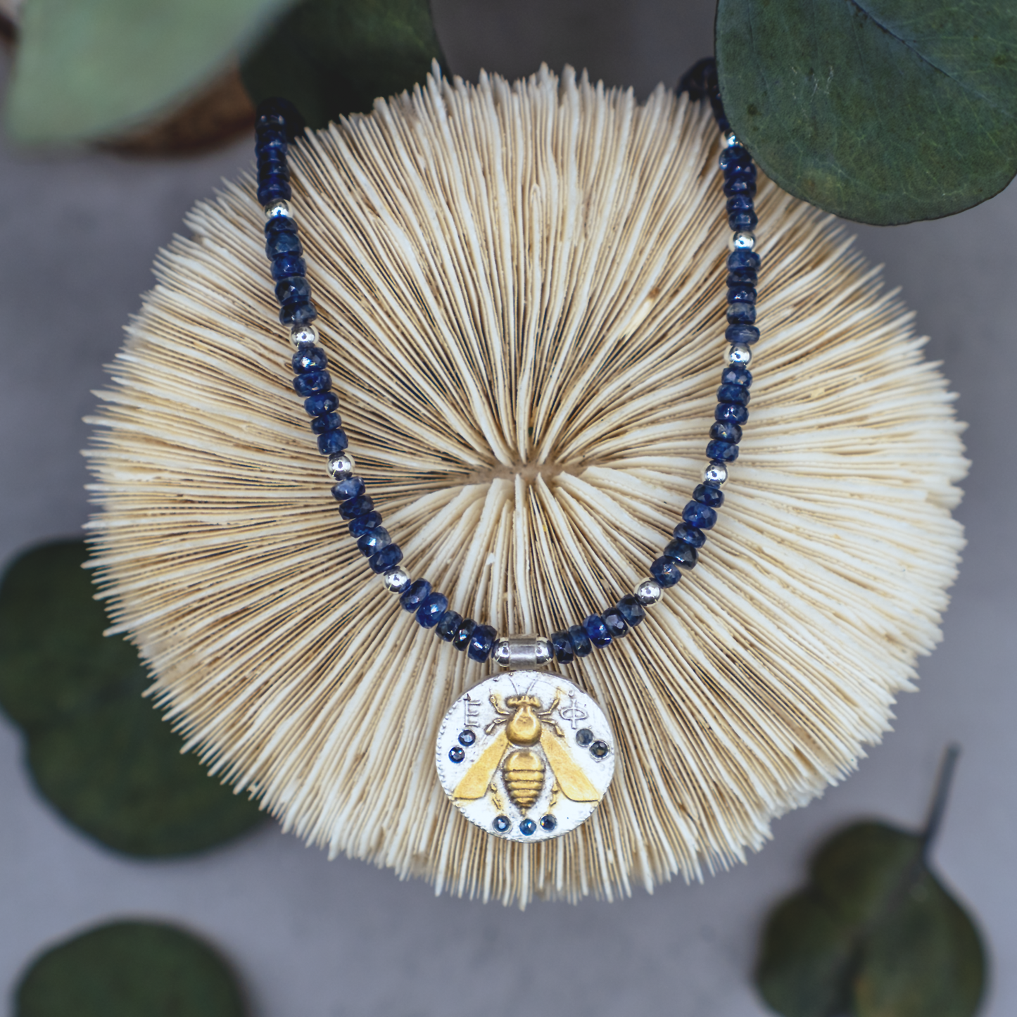 Artemis Sapphire Coin Necklace I - Sterling Silver, 24K Gold, and Natural Sapphire