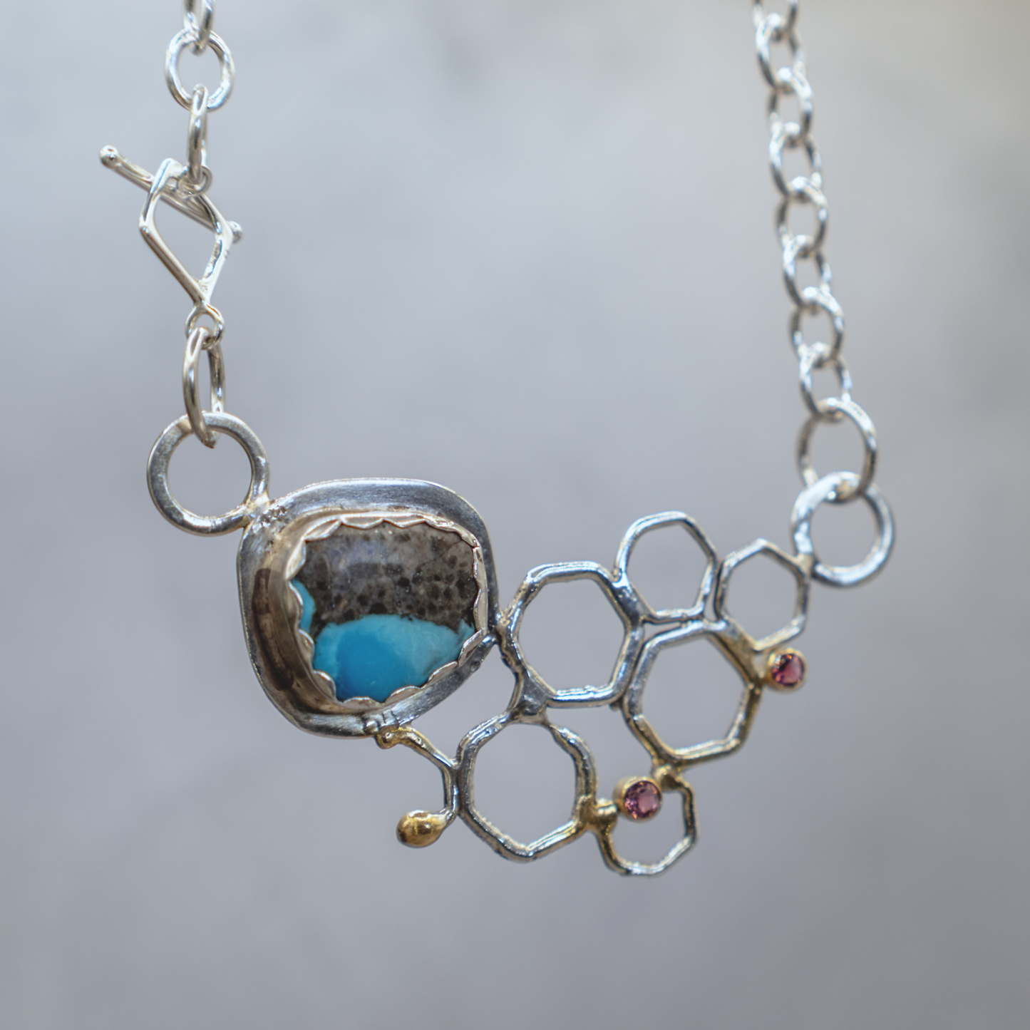 Hex & Bloom Necklace I - Sterling Silver, 24K Gold, Tourmaline and Turquoise
