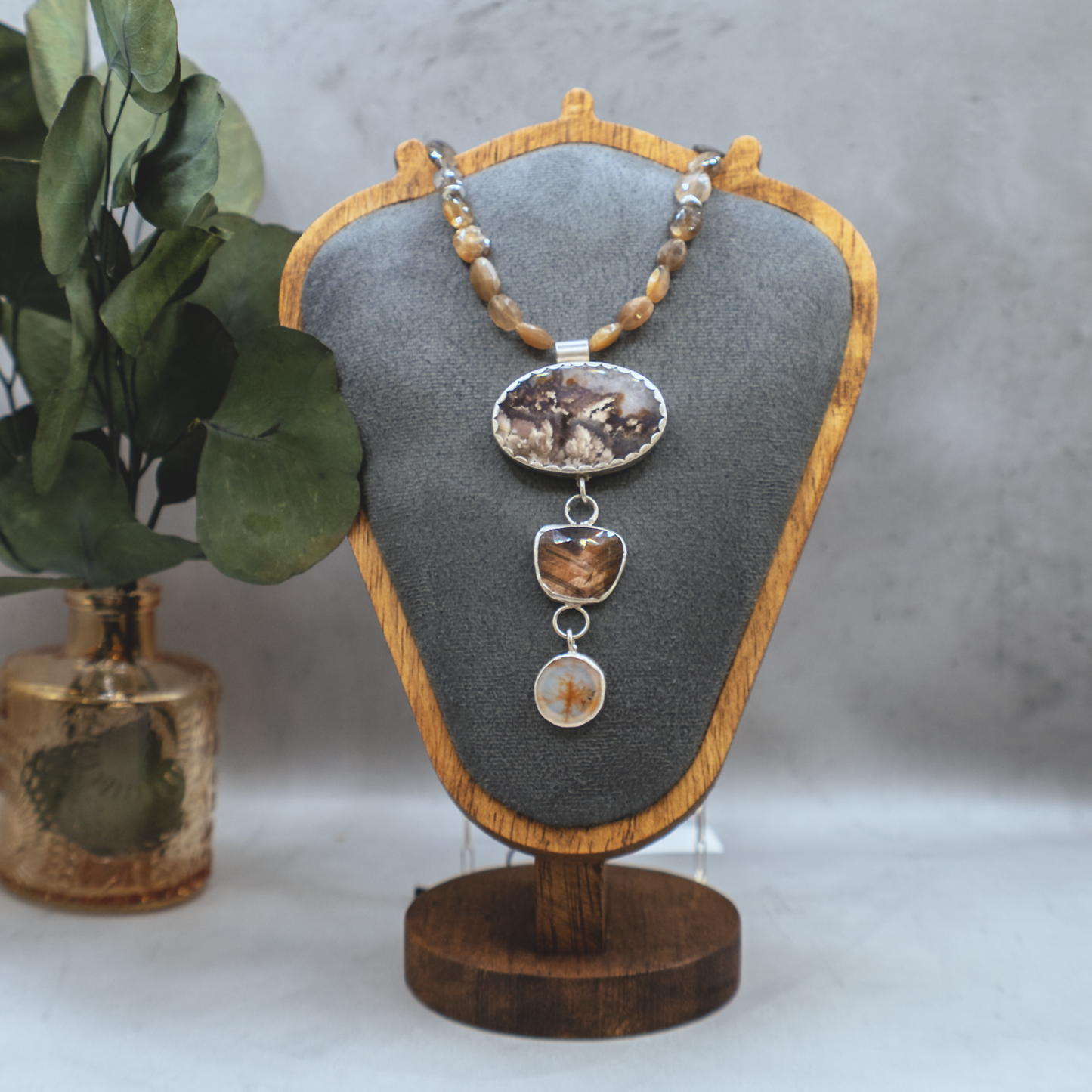 Rising Roots Necklace II - Dendritic Agate & Bronze Sapphire Sterling Silver Necklace