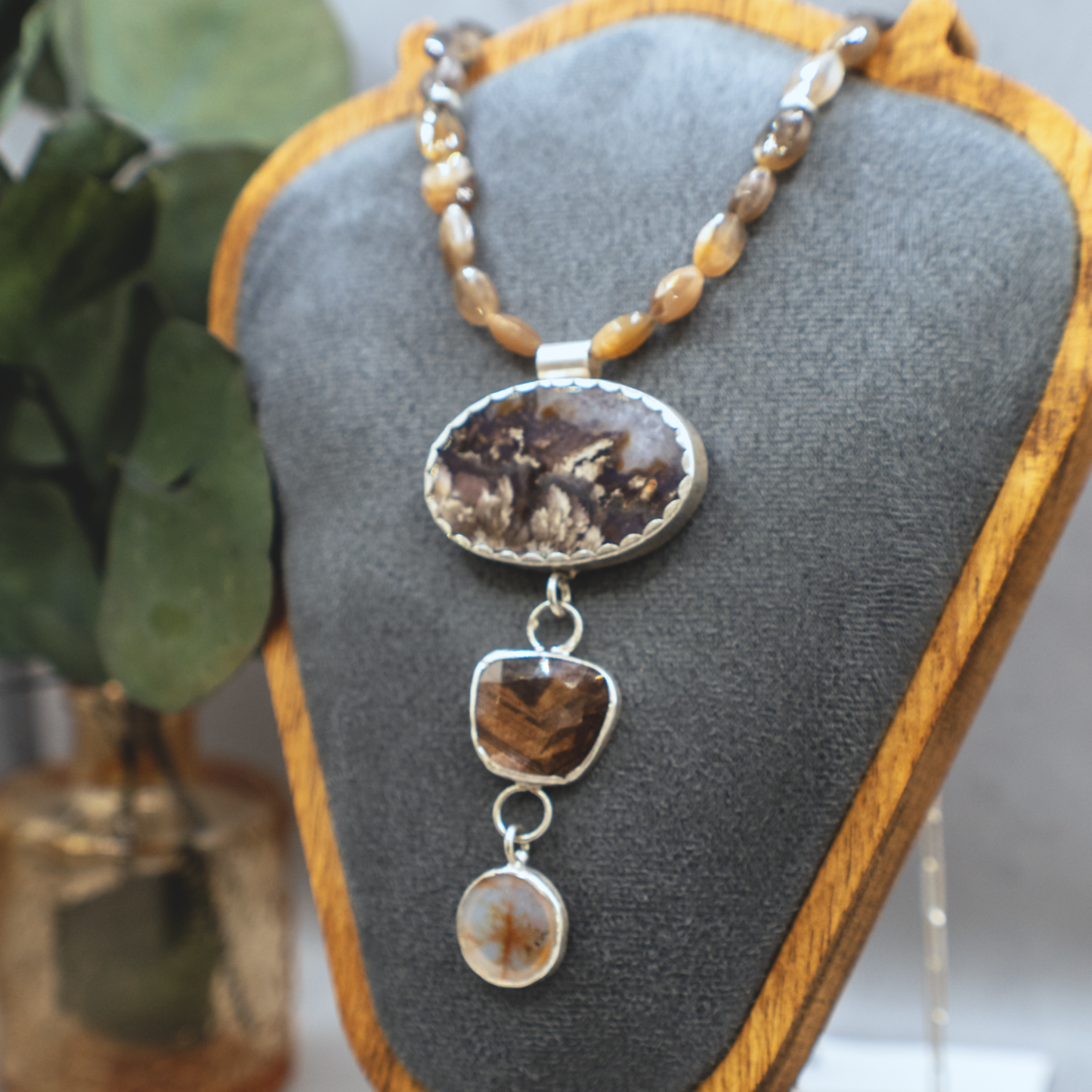 Rising Roots Necklace II - Dendritic Agate & Bronze Sapphire Sterling Silver Necklace