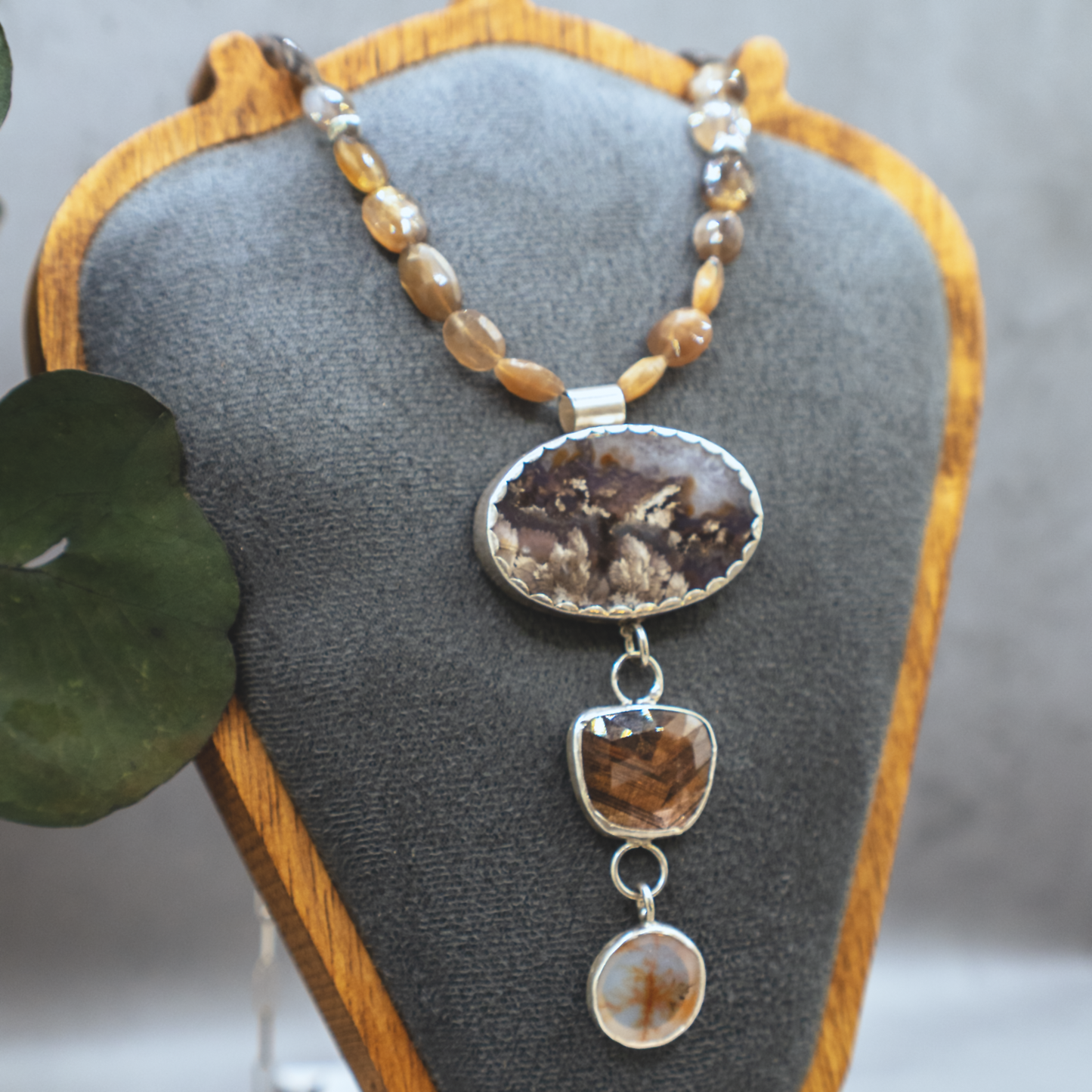 Rising Roots Necklace II - Dendritic Agate & Bronze Sapphire Sterling Silver Necklace