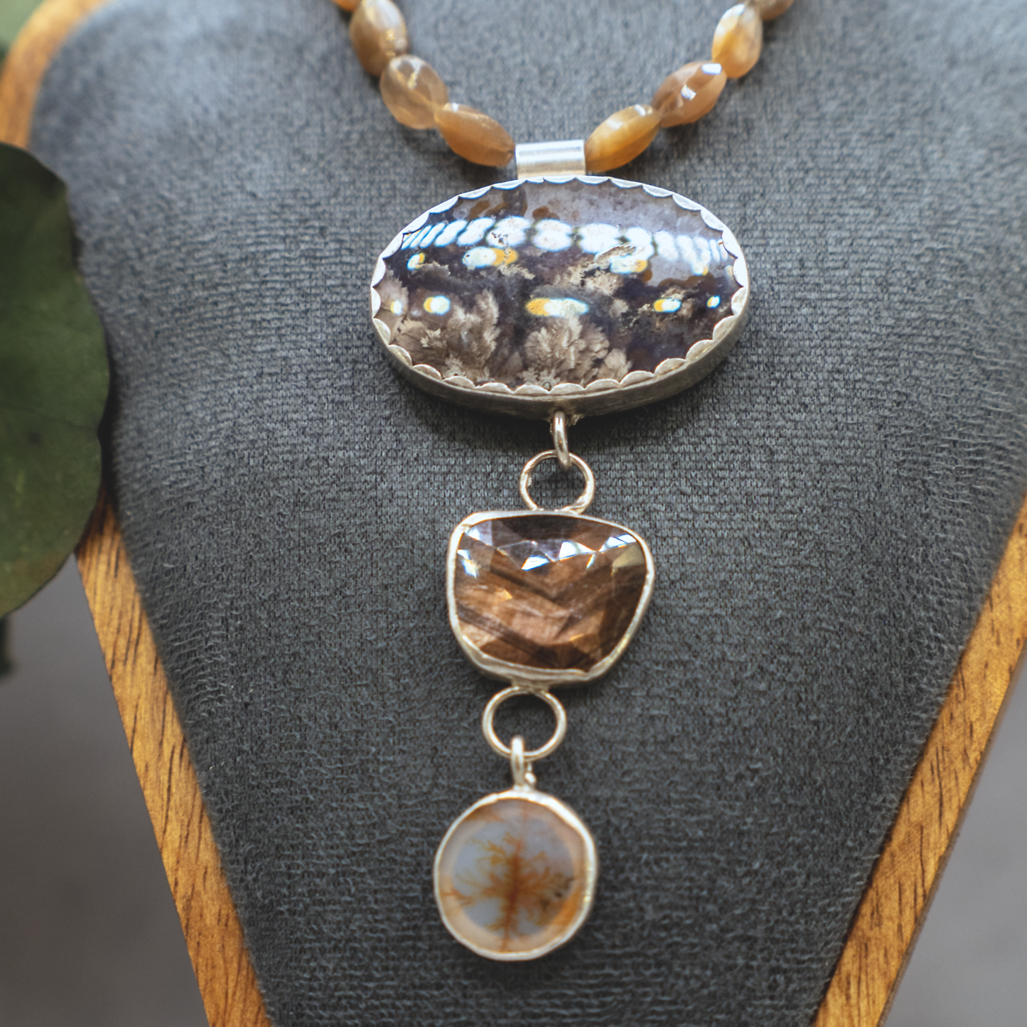 Rising Roots Necklace II - Dendritic Agate & Bronze Sapphire Sterling Silver Necklace