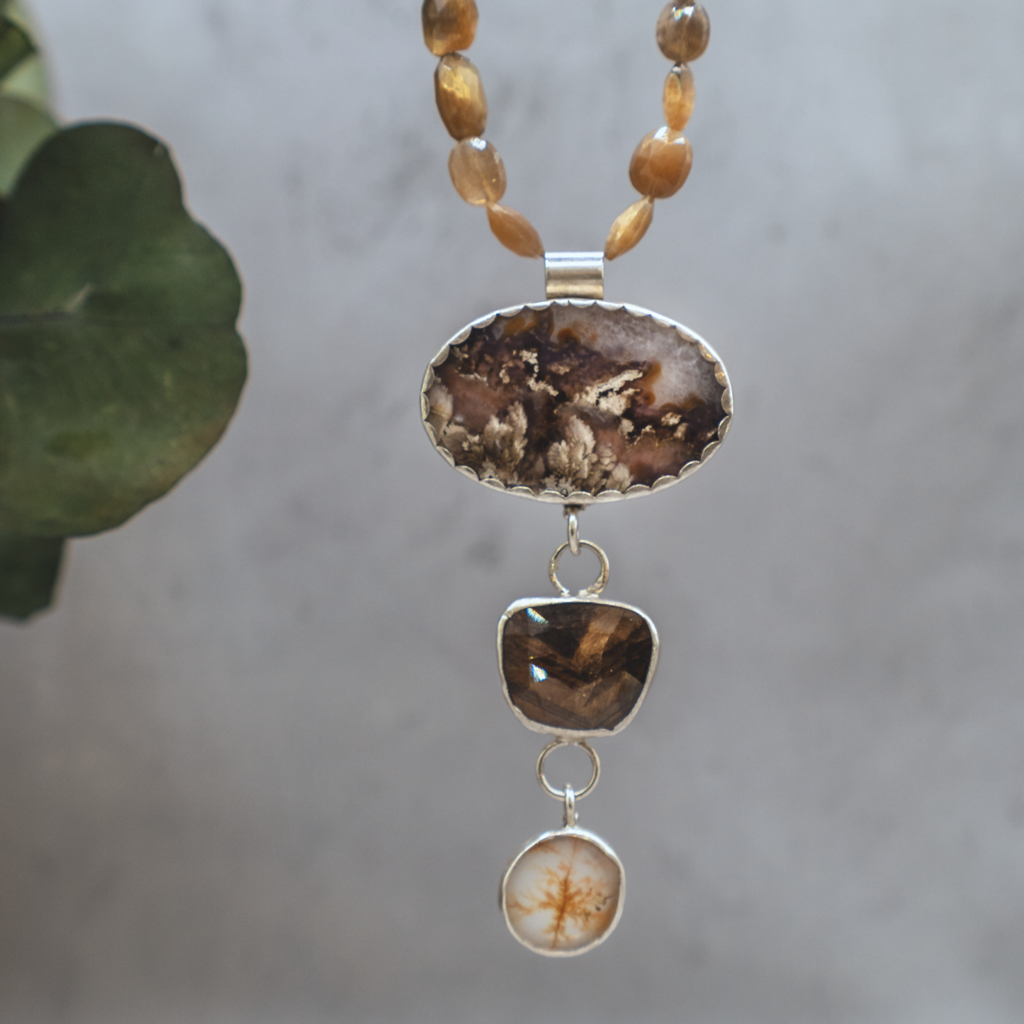 Rising Roots Necklace II - Dendritic Agate & Bronze Sapphire Sterling Silver Necklace