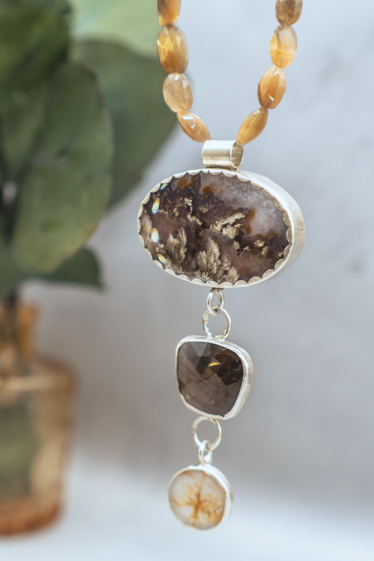 Rising Roots Necklace II - Dendritic Agate & Bronze Sapphire Sterling Silver Necklace