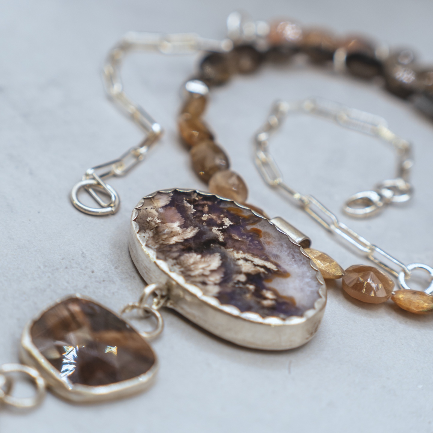 Rising Roots Necklace II - Dendritic Agate & Bronze Sapphire Sterling Silver Necklace
