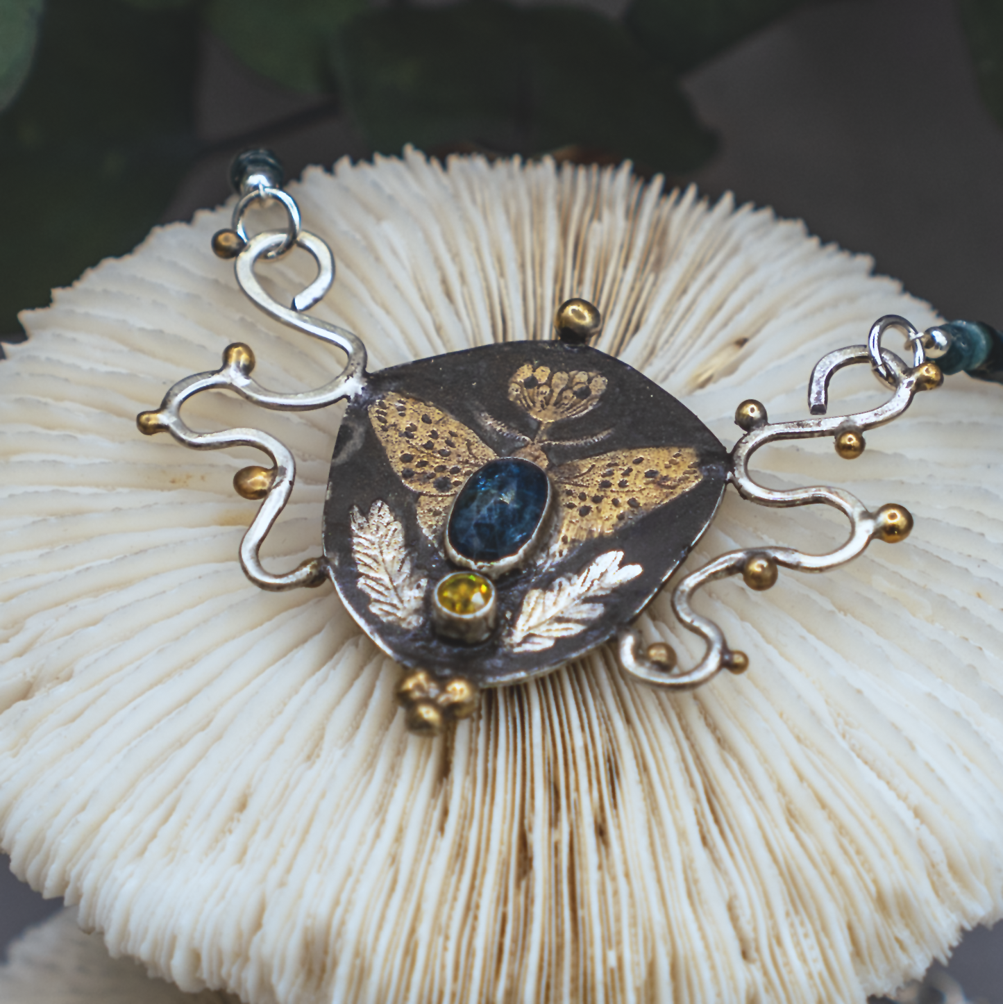 Nouveau Modern Butterfly Necklace - Sterling Silver, 24K Gold, Kyanite and Sphene Necklace