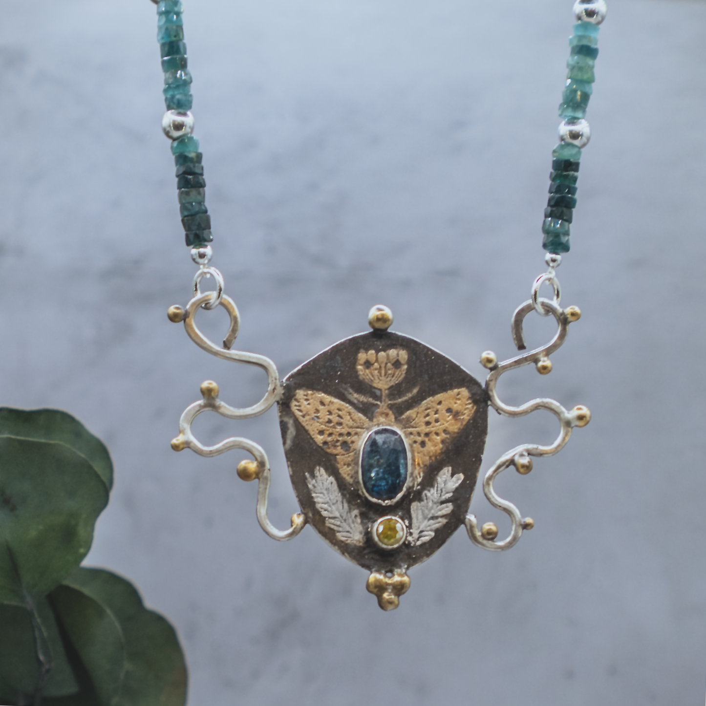 Nouveau Modern Butterfly Necklace - Sterling Silver, 24K Gold, Kyanite and Sphene Necklace