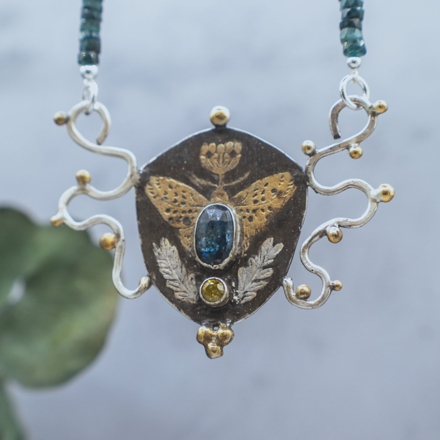 Nouveau Modern Butterfly Necklace - Sterling Silver, 24K Gold, Kyanite and Sphene Necklace