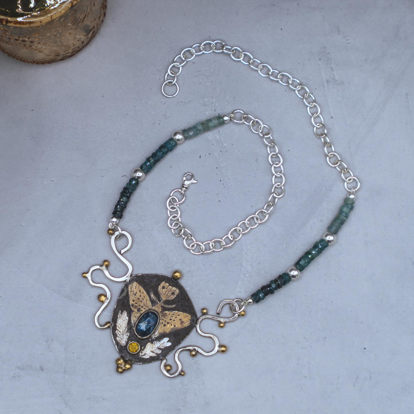 Nouveau Modern Butterfly Necklace - Sterling Silver, 24K Gold, Kyanite and Sphene Necklace