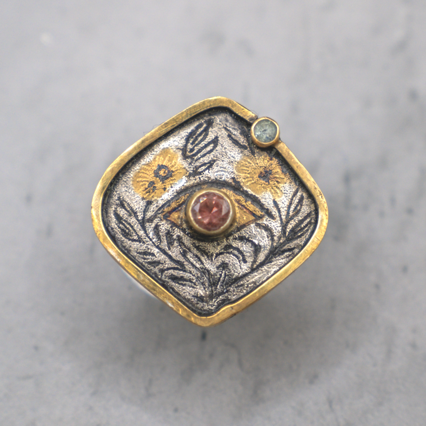 Prairie Seer Ring I - Oregon Sunstone, Montana Sapphire, 24K Gold and Silver