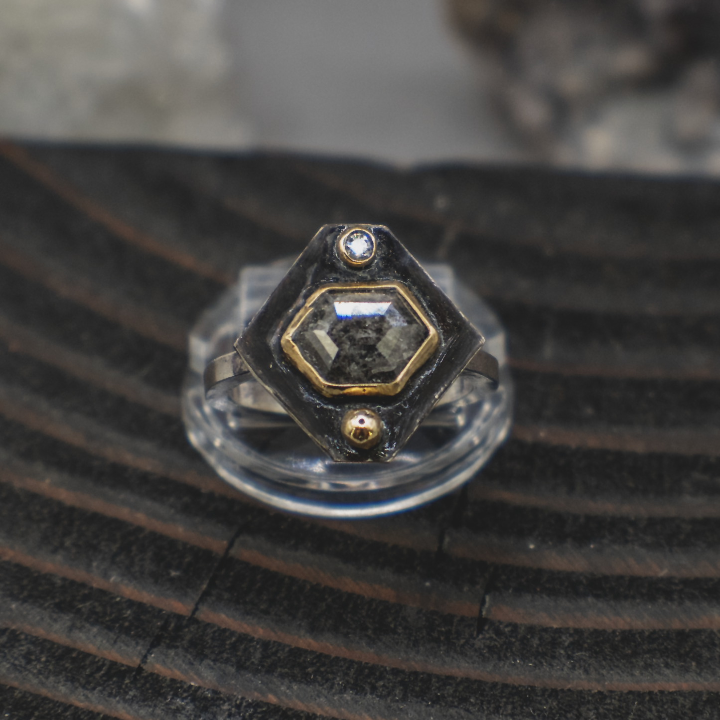 Obsidian Compass Ring I - Rustic and Fine Diamond, 18K Gold and Sterling Silver Ring