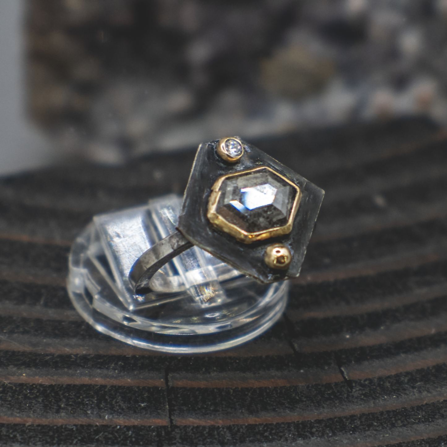 Obsidian Compass Ring I - Rustic and Fine Diamond, 18K Gold and Sterling Silver Ring