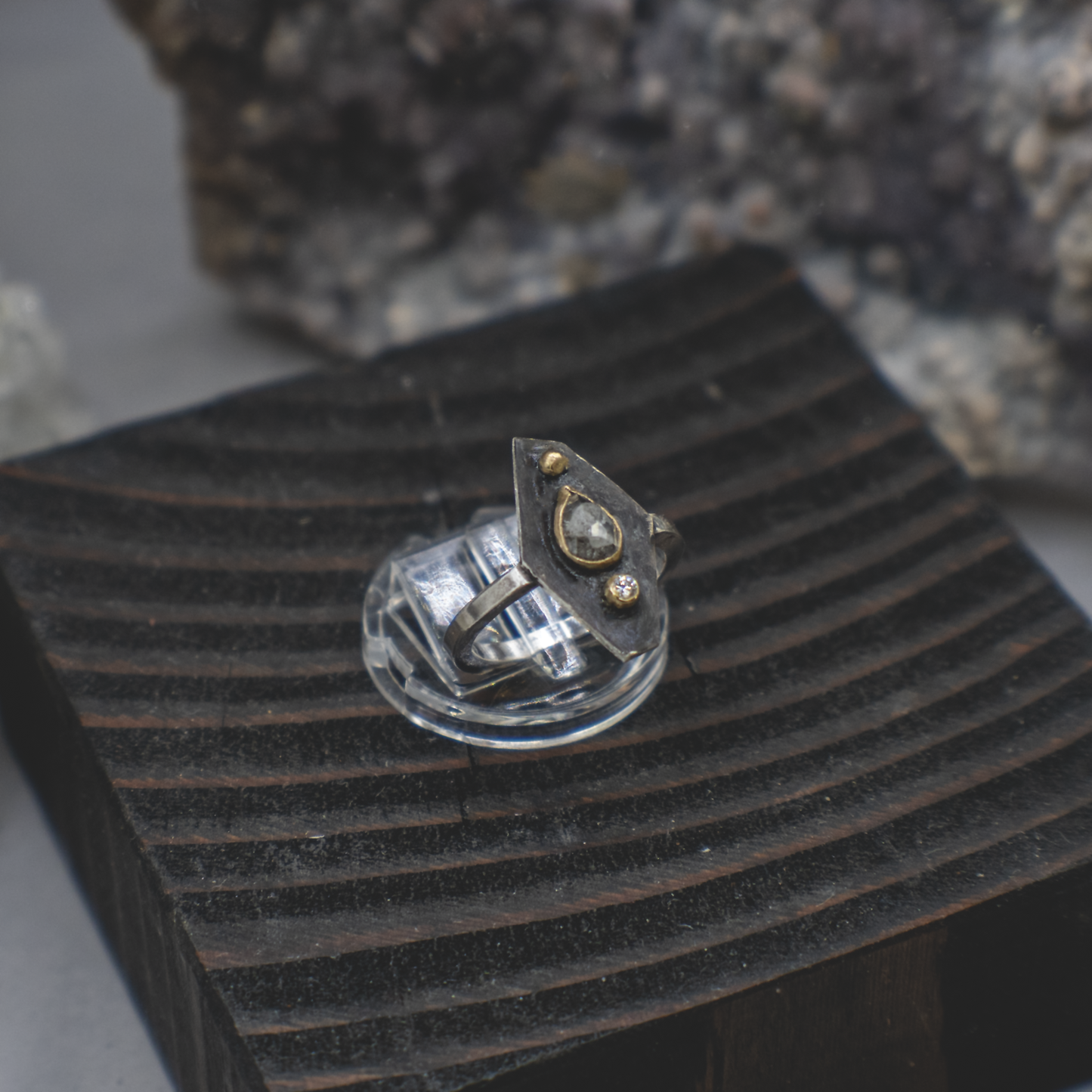 Obsidian Compass Ring II - Rustic and Fine Diamond, 18K Gold and Sterling Silver Ring