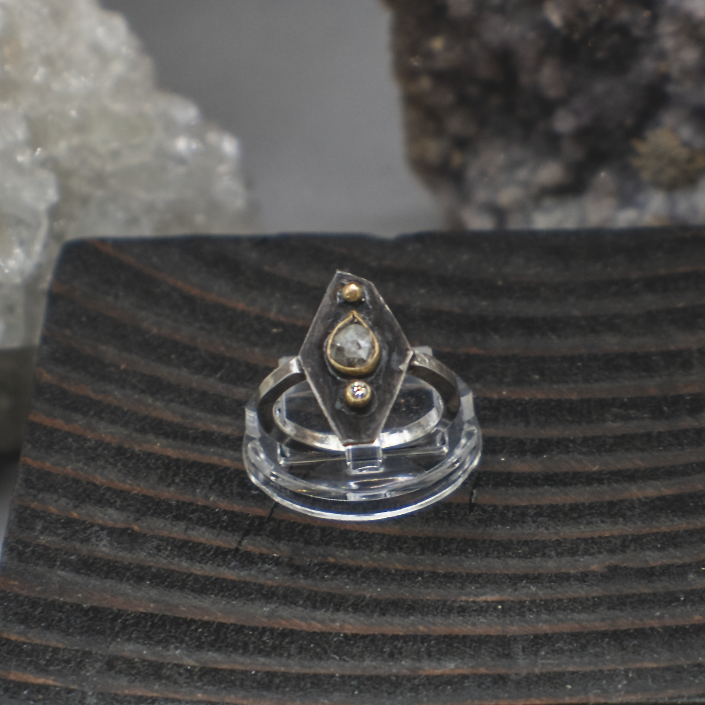 Obsidian Compass Ring II - Rustic and Fine Diamond, 18K Gold and Sterling Silver Ring