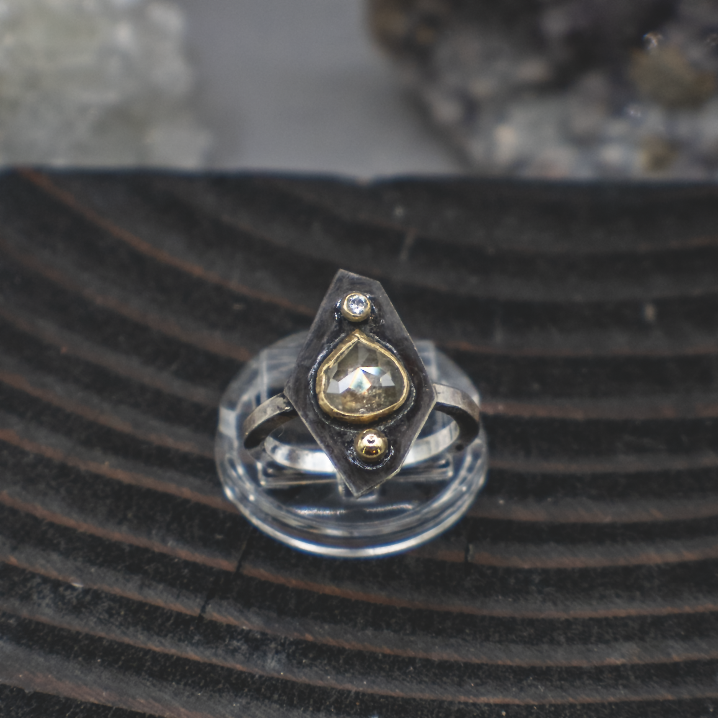 Obsidian Compass Ring III - Rustic and Fine Diamond, 18K Gold and Sterling Silver Ring