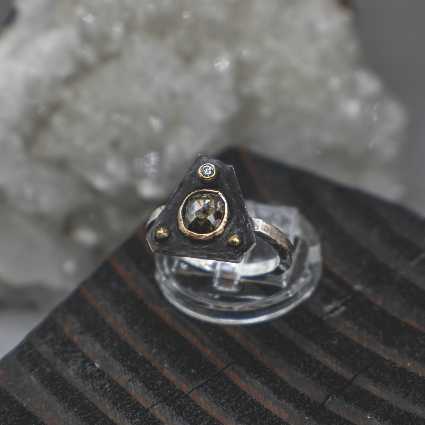 Obsidian Compass Ring IV- Rustic and Fine Diamond, 18K Gold and Sterling Silver Ring