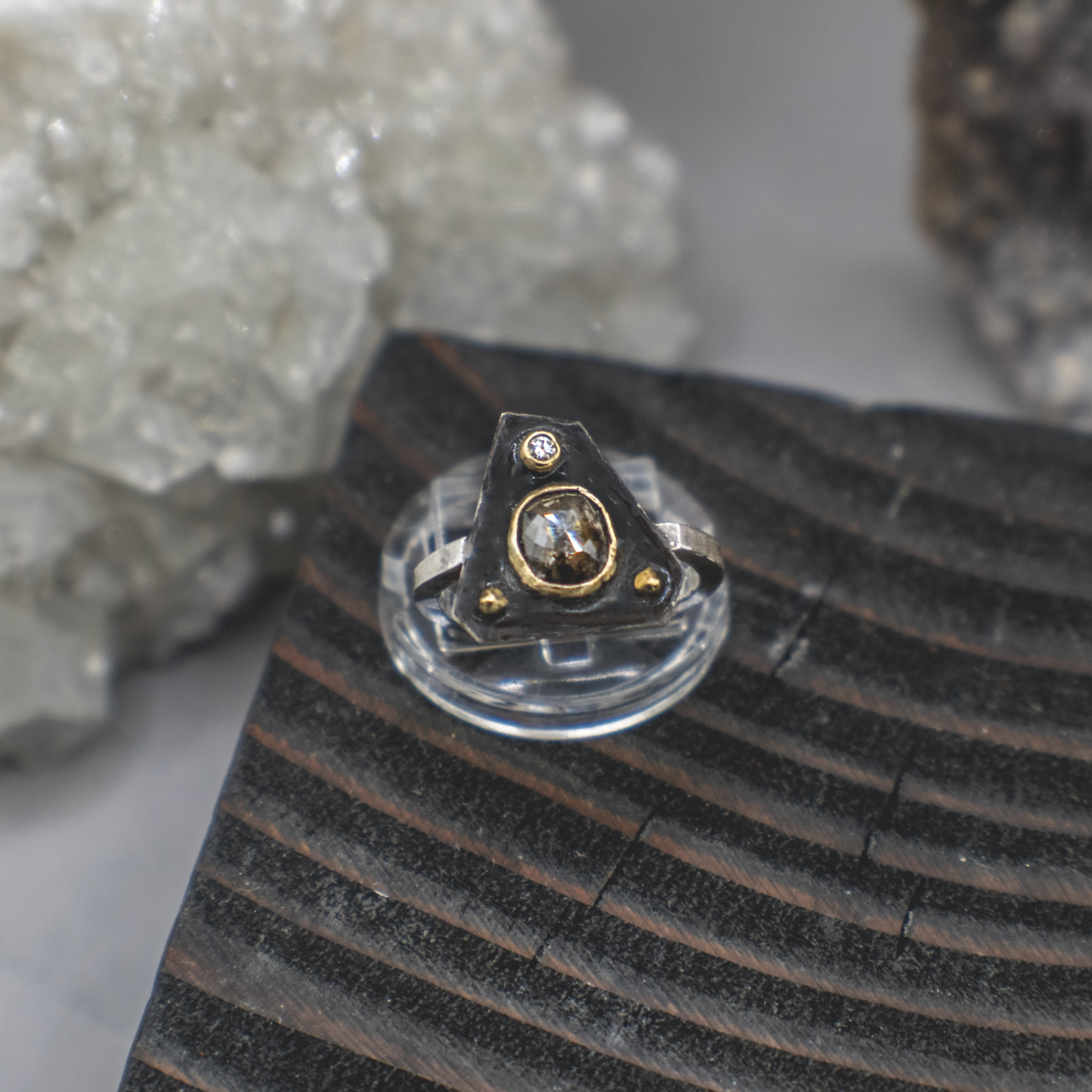 Obsidian Compass Ring IV- Rustic and Fine Diamond, 18K Gold and Sterling Silver Ring