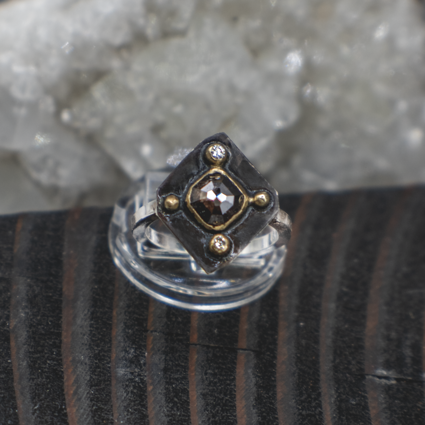 Obsidian Compass Ring V- Rustic and Fine Diamond, 18K Gold and Sterling Silver Ring