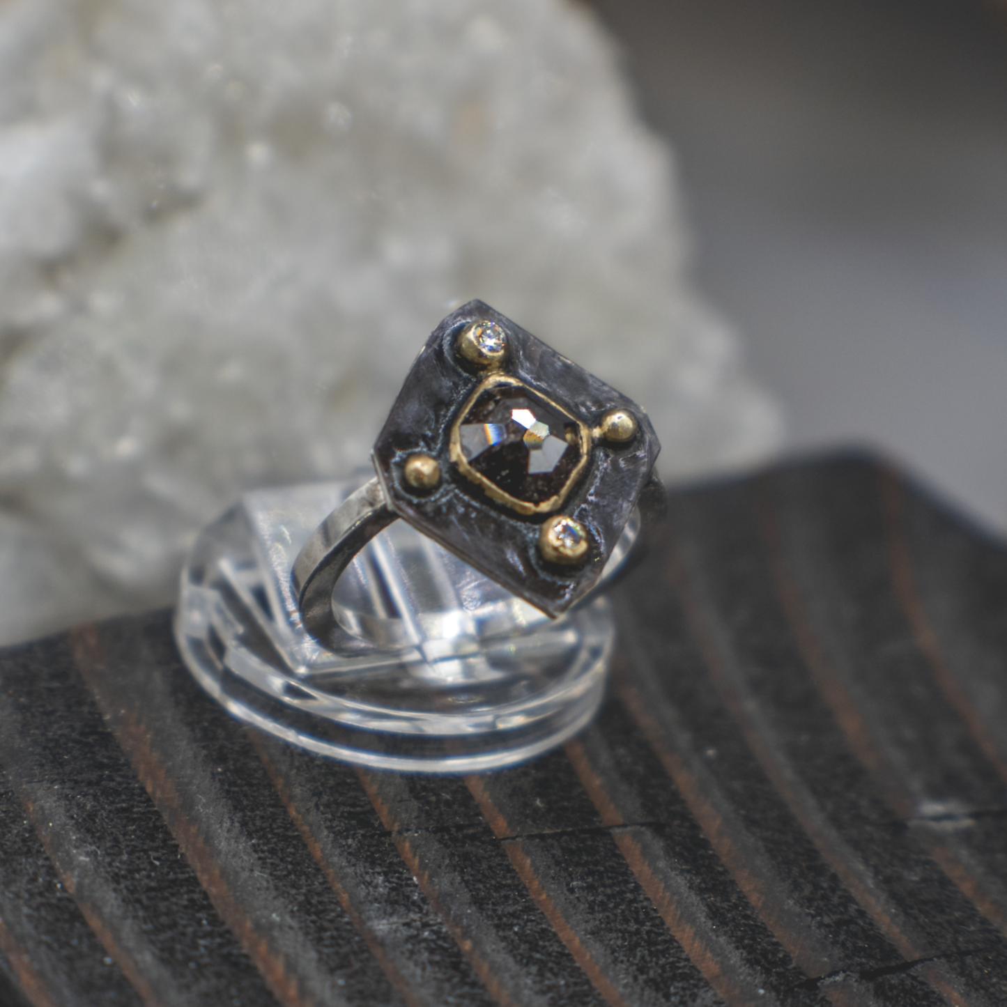 Obsidian Compass Ring V- Rustic and Fine Diamond, 18K Gold and Sterling Silver Ring