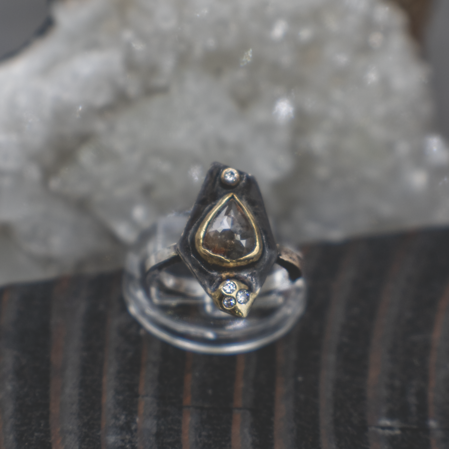 Obsidian Compass Ring VI - Rustic and Fine Diamond, 18K Gold and Sterling Silver Ring