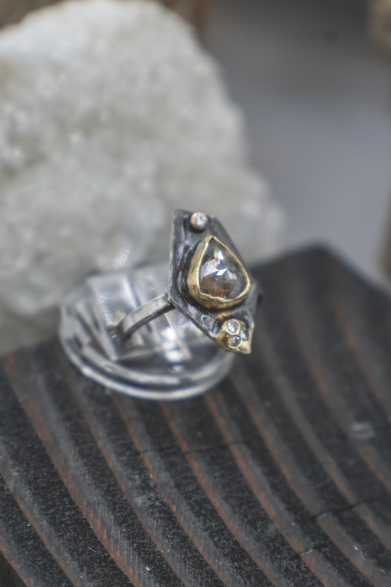 Obsidian Compass Ring VI - Rustic and Fine Diamond, 18K Gold and Sterling Silver Ring
