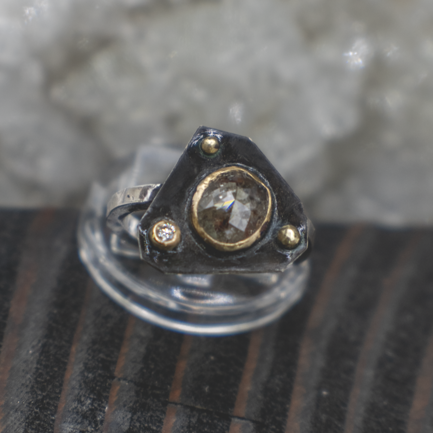 Obsidian Compass Ring VII - Rustic and Fine Diamond, 18K Gold and Sterling Silver Ring