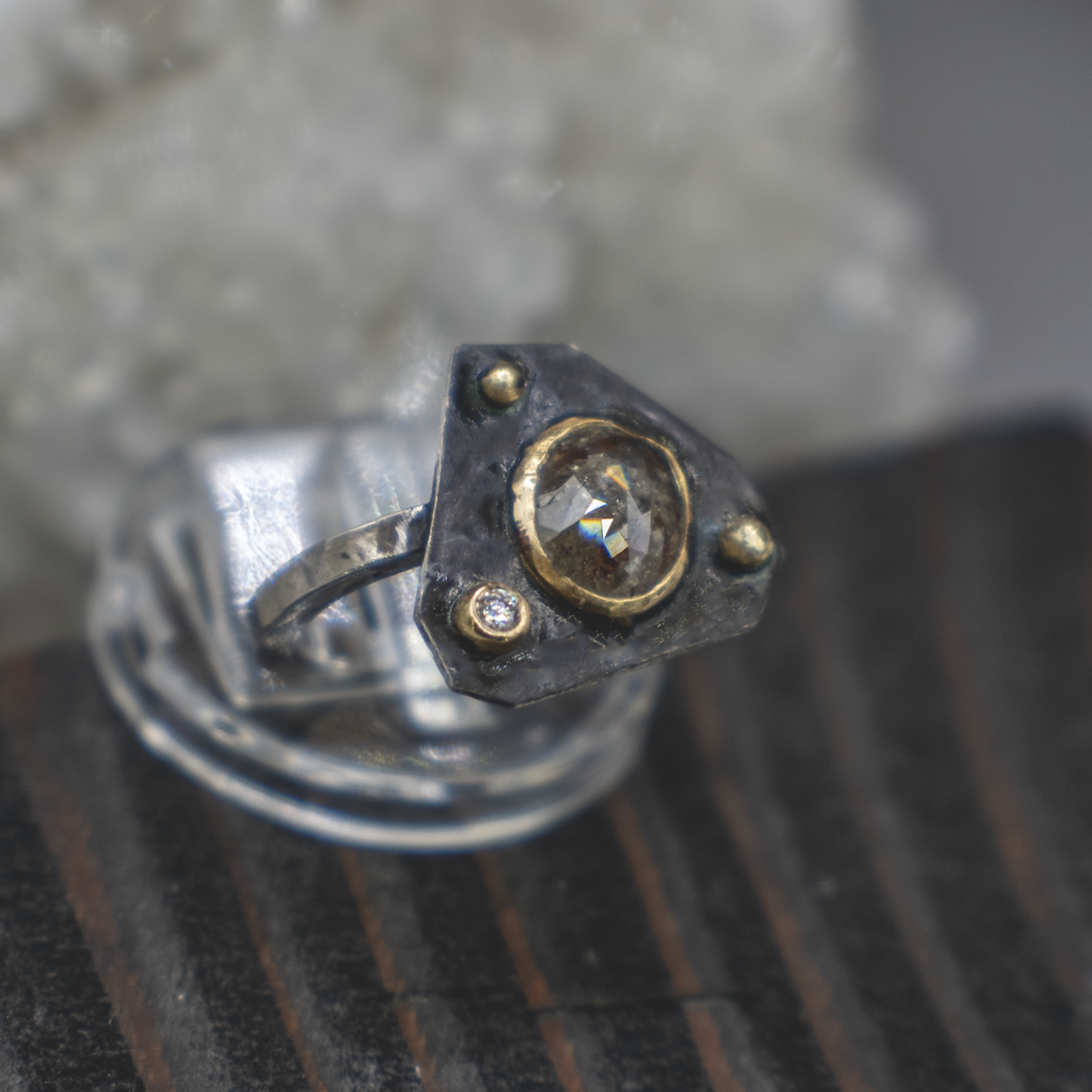 Obsidian Compass Ring VII - Rustic and Fine Diamond, 18K Gold and Sterling Silver Ring