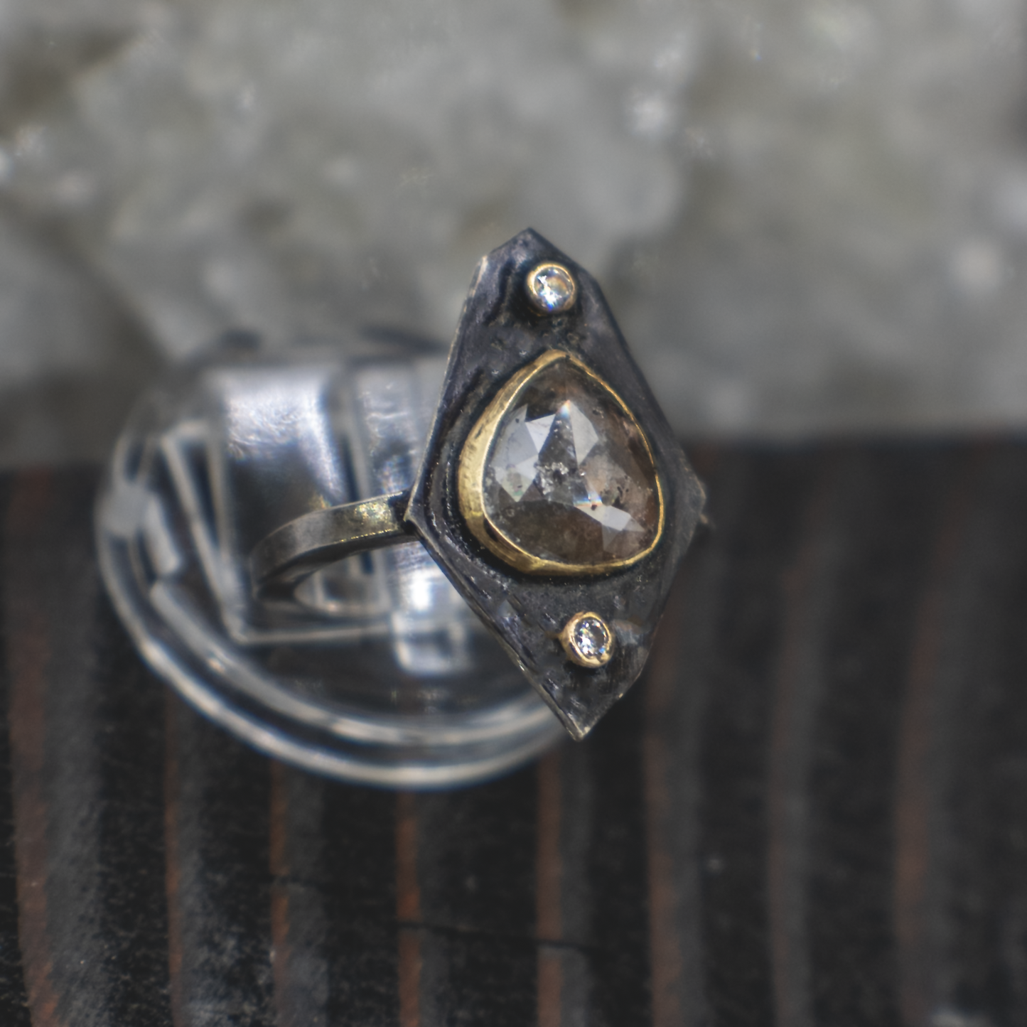 Obsidian Compass Ring VIII - Rustic and Fine Diamond, 18K Gold and Sterling Silver Ring