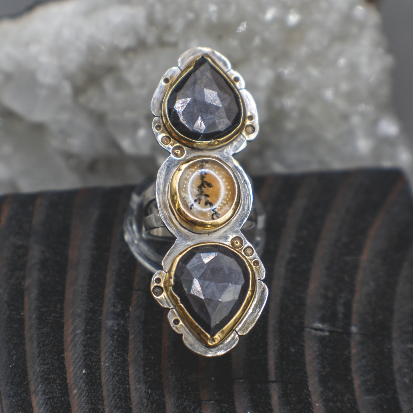 Shadow Lantern Ring II - Metallic Sapphire, Dendritic Quartz, 24K Gold and Silver Ring