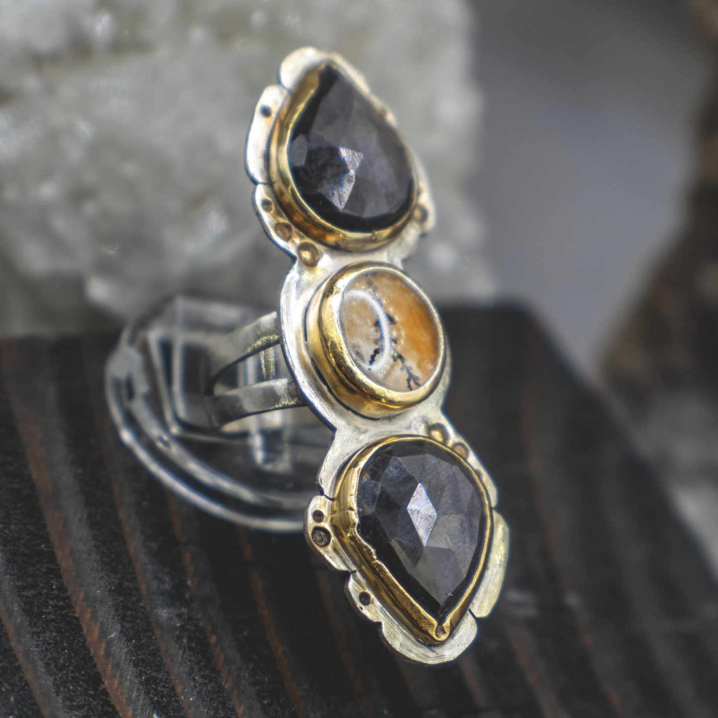 Shadow Lantern Ring II - Metallic Sapphire, Dendritic Quartz, 24K Gold and Silver Ring