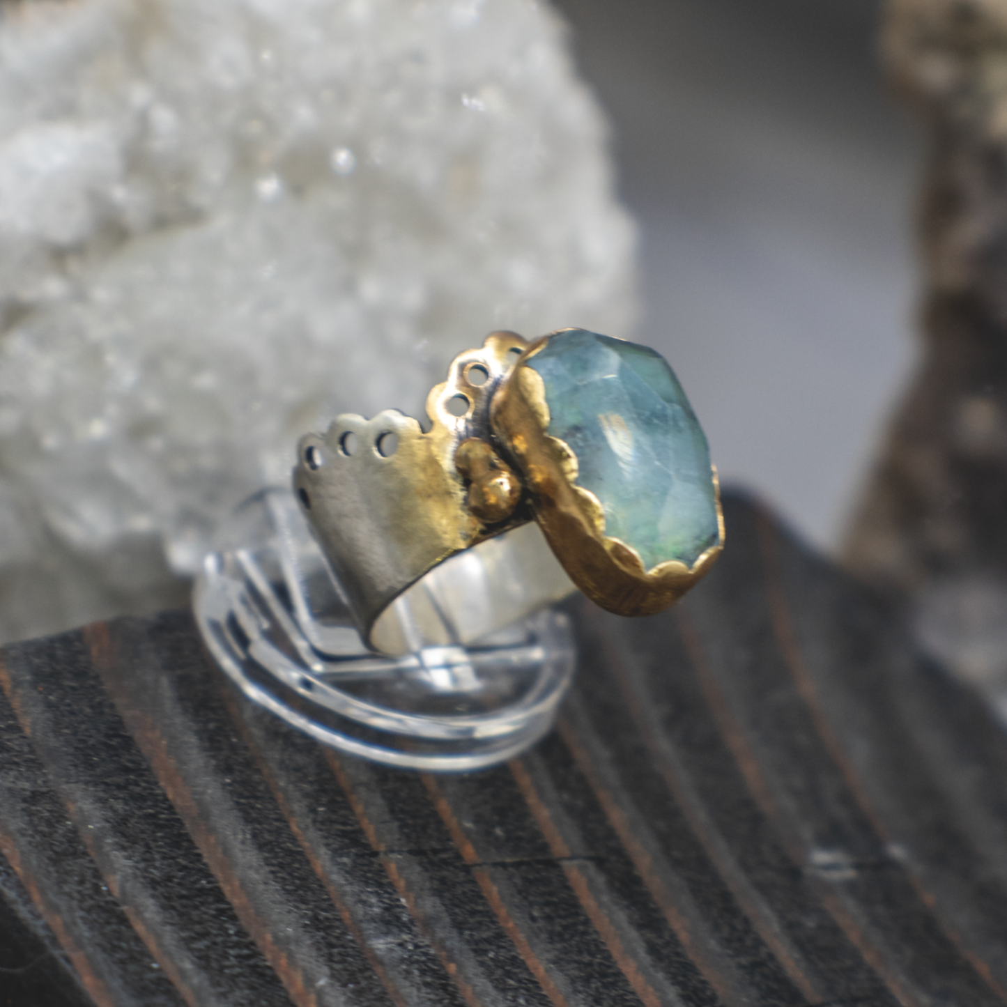 Mistvale Ring - Sterling Silver, 18K Brushed Gold, Aquamarine and Opal Ring