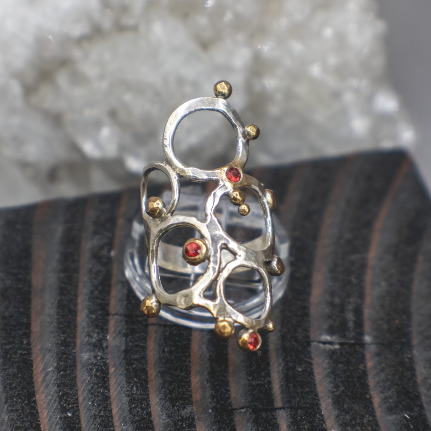 Solar Flare Ring - Sterling Silver, 18K Brushed Gold, Orange Sapphire Ring