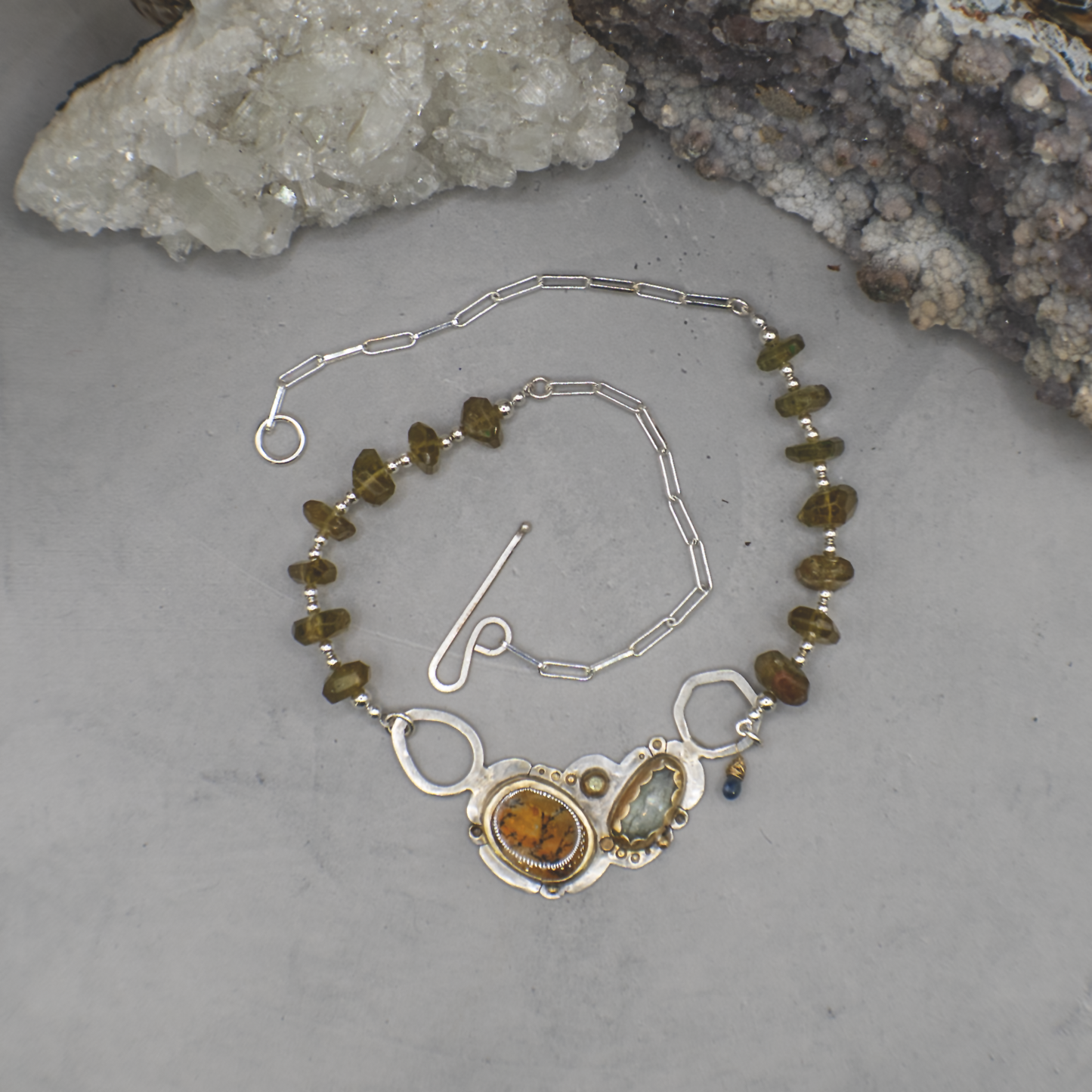 Forest Reverie III - Sterling Silver, 24K Gold, Dendritic Quartz, Sapphire, Vessonite, Kyanite Necklace