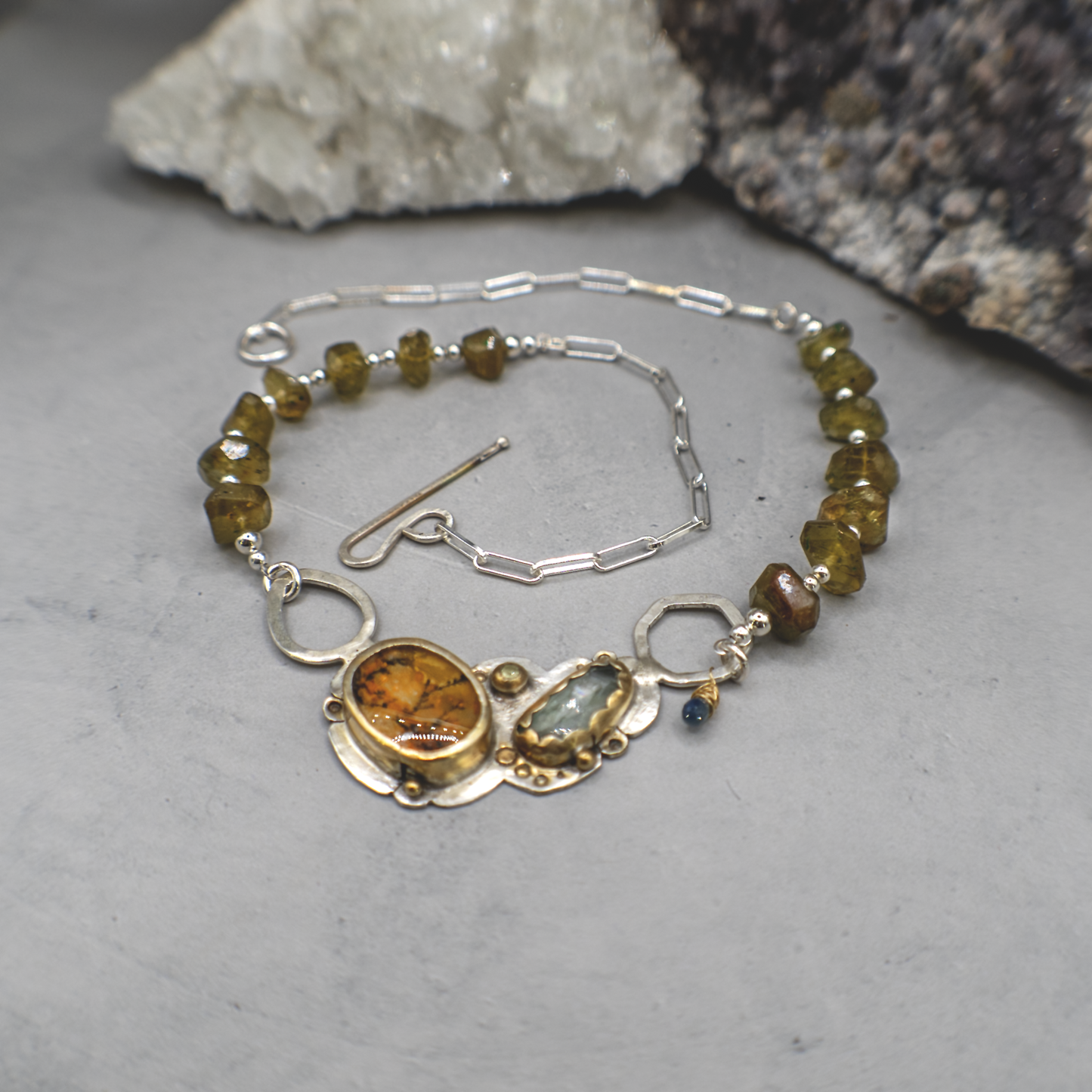 Forest Reverie III - Sterling Silver, 24K Gold, Dendritic Quartz, Sapphire, Vessonite, Kyanite Necklace