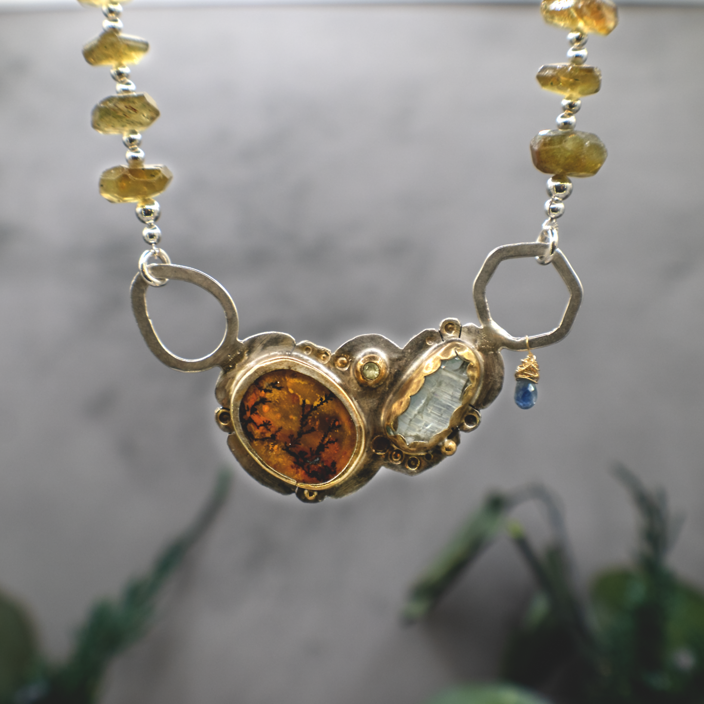 Forest Reverie III - Sterling Silver, 24K Gold, Dendritic Quartz, Sapphire, Vessonite, Kyanite Necklace