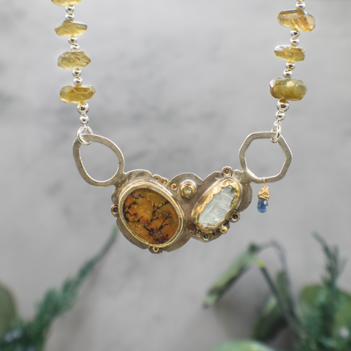 Forest Reverie III - Sterling Silver, 24K Gold, Dendritic Quartz, Sapphire, Vessonite, Kyanite Necklace