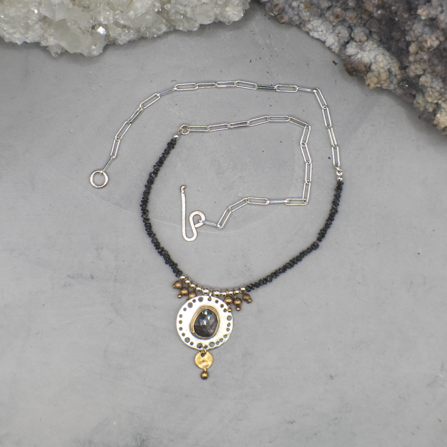 Celestial Window Necklace - Black Diamond, Metallic Sapphire, Sterling Silver and 18K Gold