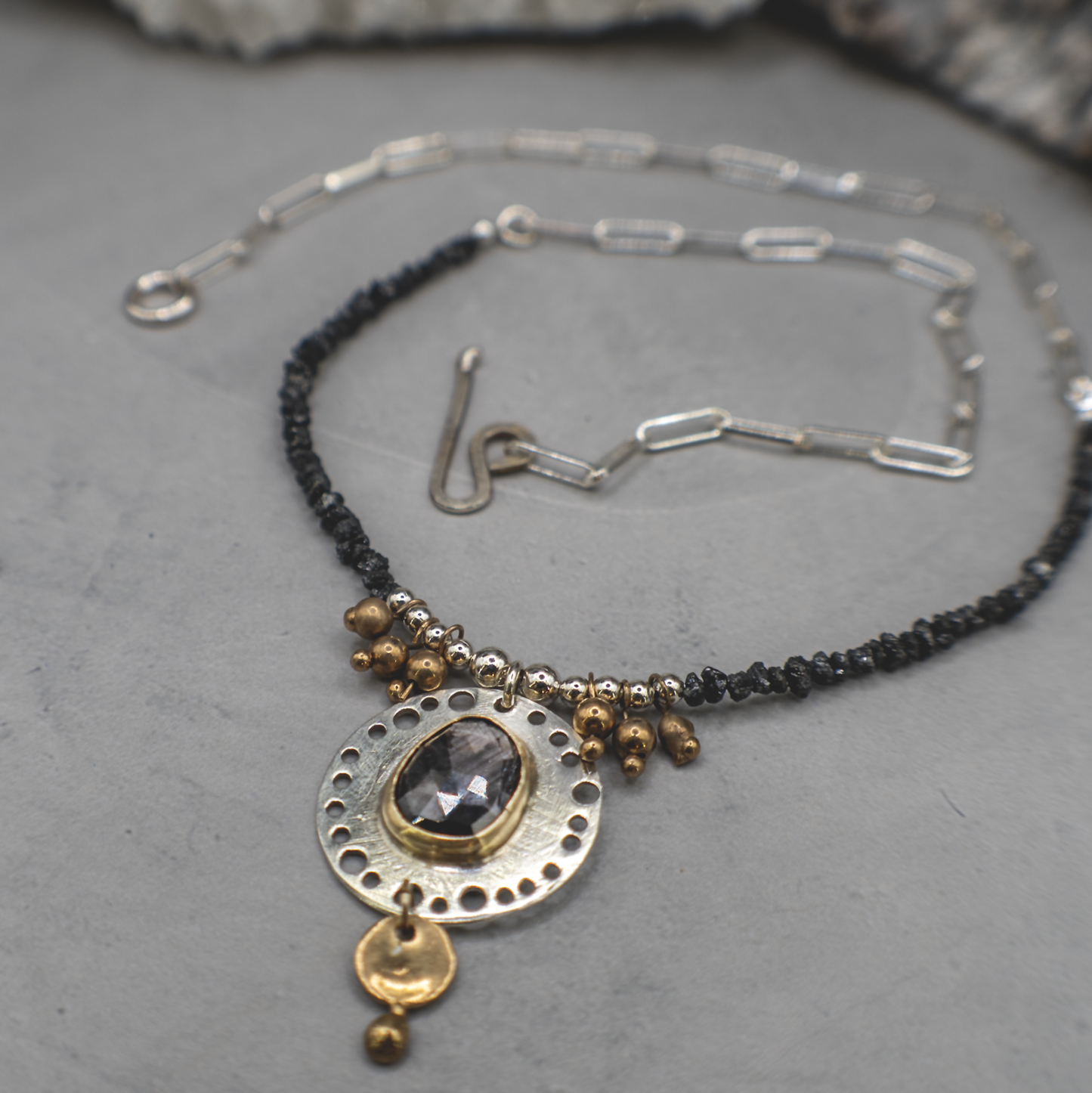 Celestial Window Necklace - Black Diamond, Metallic Sapphire, Sterling Silver and 18K Gold
