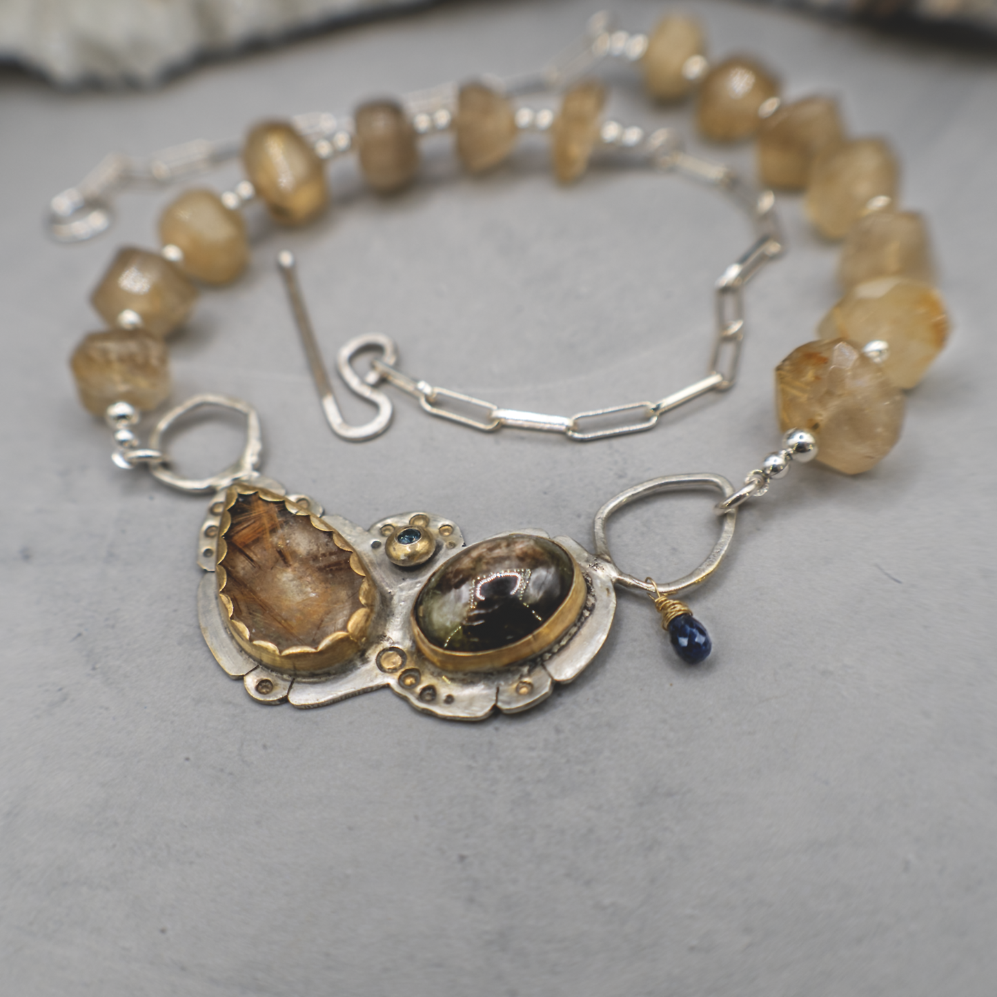 Forest Reverie IV - Sterling Silver, 24K Gold, Sapphire, Rutilated Quartz Necklace