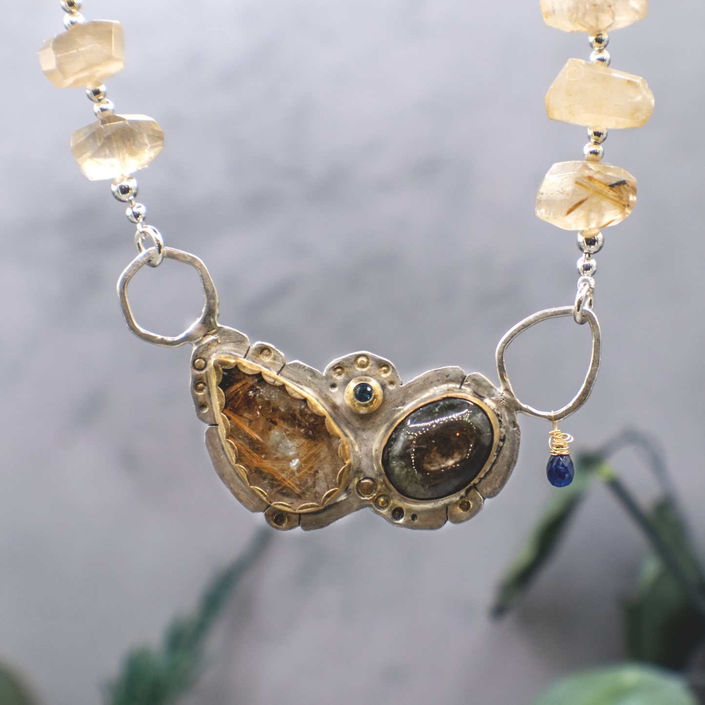 Forest Reverie IV - Sterling Silver, 24K Gold, Sapphire, Rutilated Quartz Necklace