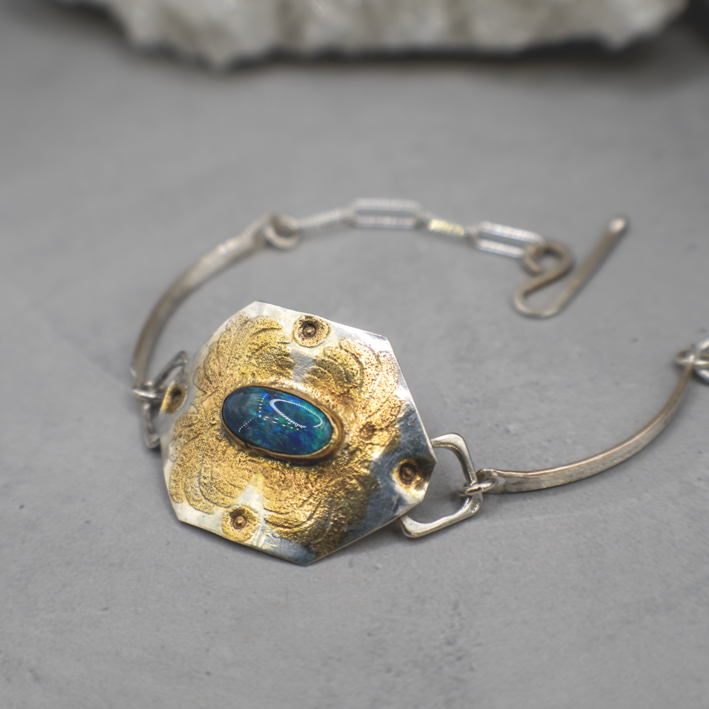 Opal Temple Bracelet - Australian Opal, 24K Brushed Gold, Sterling Silver